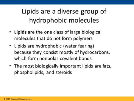 Lipids are a diverse group of hydrophobic molecules Lipids are the one class of large biological molecules that do not form polymers Lipids are hydrophobic.