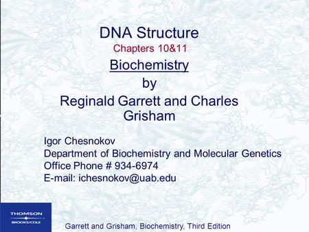 Garrett and Grisham, Biochemistry, Third Edition DNA Structure Chapters 10&11 Biochemistry by Reginald Garrett and Charles Grisham Igor Chesnokov Department.