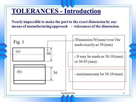 TOLERANCES - Introduction Nearly impossible to make the part to the exact dimension by any means of manufacturing approach - tolerances of the dimension.