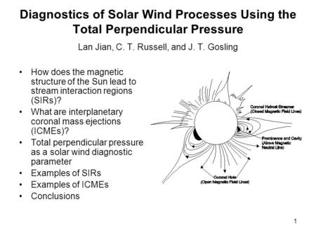 1 Diagnostics of Solar Wind Processes Using the Total Perpendicular Pressure Lan Jian, C. T. Russell, and J. T. Gosling How does the magnetic structure.