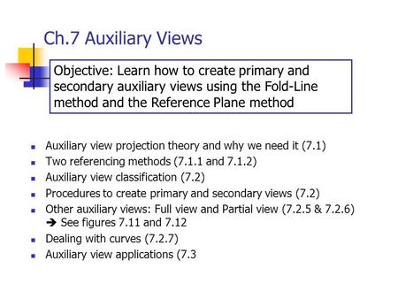Ch.7 Auxiliary Views Objective: Learn how to create primary and secondary auxiliary views using the Fold-Line method and the Reference Plane method Auxiliary.
