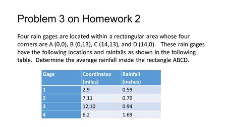 Problem 3 on Homework 2 Four rain gages are located within a rectangular area whose four corners are A (0,0), B (0,13), C (14,13), and D (14,0). These.