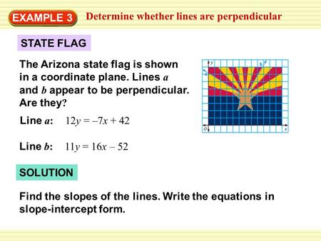 SOLUTION EXAMPLE 3 Determine whether lines are perpendicular Line a: 12y = –7x + 42 Line b: 11y = 16x – 52 Find the slopes of the lines. Write the equations.