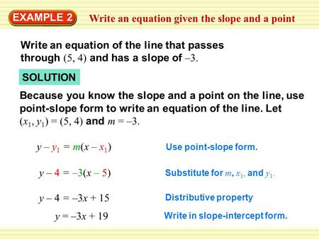 Write an equation given the slope and a point EXAMPLE 2 Write an equation of the line that passes through (5, 4) and has a slope of –3. Because you know.