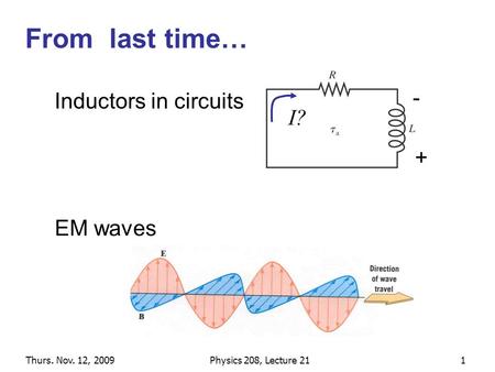 Thurs. Nov. 12, 2009Physics 208, Lecture 211 From last time… EM waves Inductors in circuits I? + -