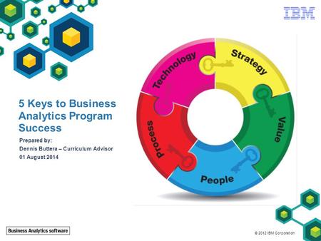 © 2012 IBM Corporation 5 Keys to Business Analytics Program Success Prepared by: Dennis Buttera – Curriculum Advisor 01 August 2014.