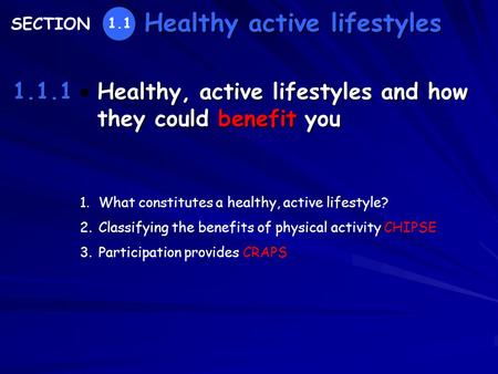 Healthy, active lifestyles and how they could benefit you Healthy active lifestyles 1.1.1 SECTION 1.1 1.What constitutes a healthy, active lifestyle? 2.Classifying.