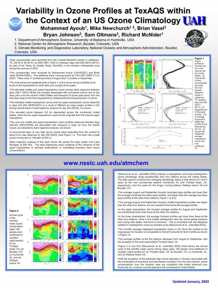 Variability in Ozone Profiles at TexAQS within the Context of an US Ozone Climatology Mohammed Ayoub 1, Mike Newchurch 1 2, Brian Vasel 3 Bryan Johnson.
