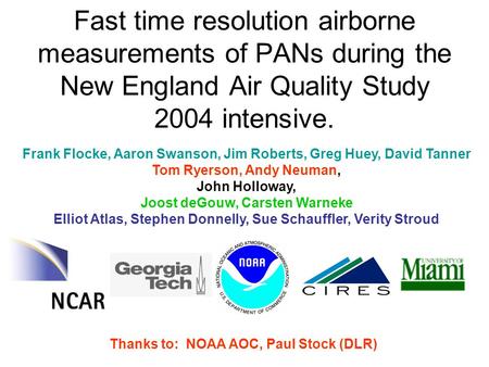 Fast time resolution airborne measurements of PANs during the New England Air Quality Study 2004 intensive. Frank Flocke, Aaron Swanson, Jim Roberts, Greg.