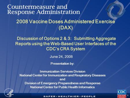 TM 1 2008 Vaccine Doses Administered Exercise (DAX) Discussion of Options 2 & 3: Submitting Aggregate Reports using the Web-Based User Interfaces of the.