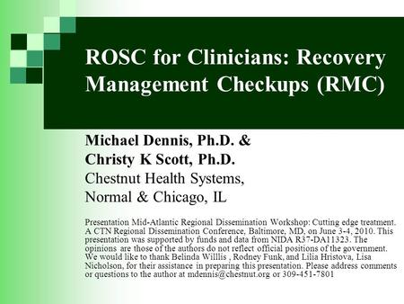 ROSC for Clinicians: Recovery Management Checkups (RMC)
