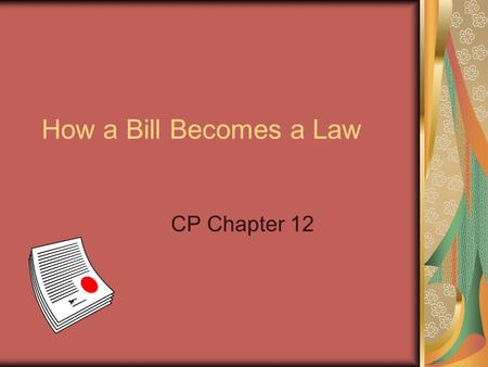 How a Bill Becomes a Law CP Chapter 12. The Rough Draft Starts in Congress (House or Senate) Researched Passes President signs it into a law.