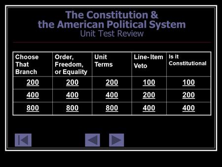 The Constitution & the American Political System Unit Test Review Choose That Branch Order, Freedom, or Equality Unit Terms Line- Item Veto Is it Constitutional.