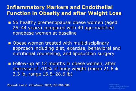Slide Source: Lipids Online Slide Library www.lipidsonline.org 56 healthy premenopausal obese women (aged 25–44 years) compared with 40 age-matched nonobese.