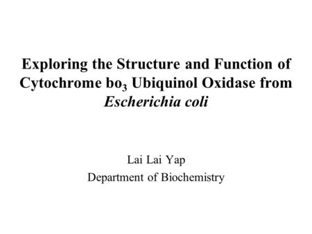 Exploring the Structure and Function of Cytochrome bo 3 Ubiquinol Oxidase from Escherichia coli Lai Lai Yap Department of Biochemistry.