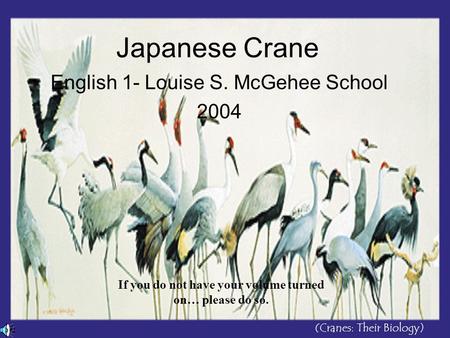 Japanese Crane English 1- Louise S. McGehee School 2004 If you do not have your volume turned on… please do so. (Cranes: Their Biology)