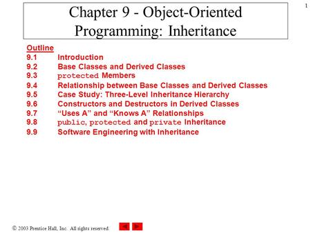  2003 Prentice Hall, Inc. All rights reserved. 1 Chapter 9 - Object-Oriented Programming: Inheritance Outline 9.1 Introduction 9.2 Base Classes and Derived.