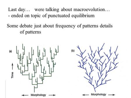 Last day… were talking about macroevolution… - ended on topic of punctuated equilibrium Some debate just about frequency of patterns details of patterns.