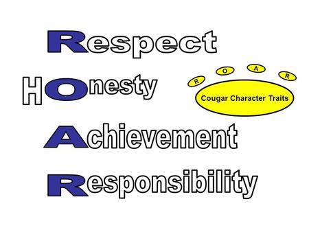 R O A R Cougar Character Traits. Use inside voices. Keep hands, feet, and objects to yourself. Be tolerant of other’s answers. Raise your hand to be recognized.