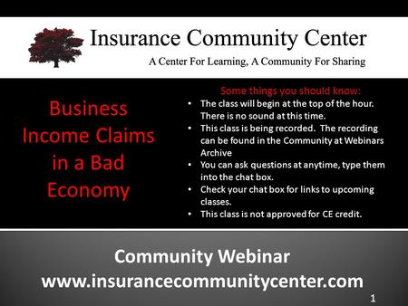 Community Webinar www.insurancecommunitycenter.com Business Income Claims in a Bad Economy The class will begin at the top of the hour. There is no sound.
