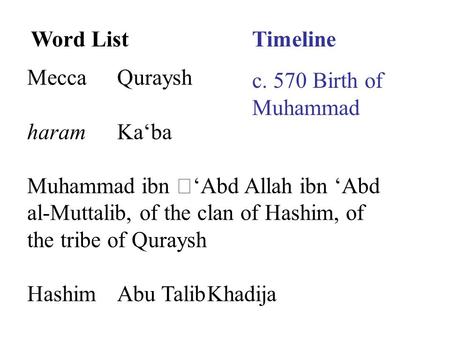 Word ListTimeline MeccaQuraysh haramKa‘ba Muhammad ibn ‘Abd Allah ibn ‘Abd al-Muttalib, of the clan of Hashim, of the tribe of Quraysh HashimAbu TalibKhadija.