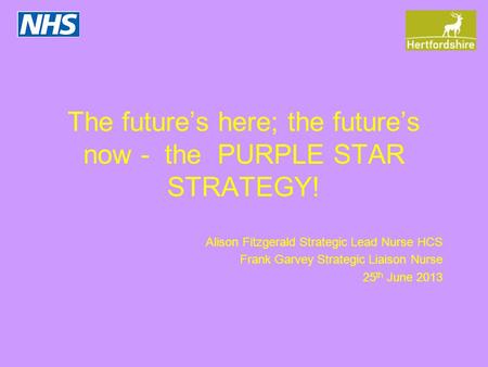 The future’s here; the future’s now - the PURPLE STAR STRATEGY! Alison Fitzgerald Strategic Lead Nurse HCS Frank Garvey Strategic Liaison Nurse 25 th June.