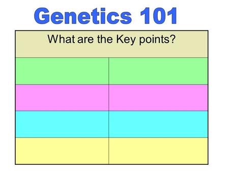 What are the Key points?. Mendel Genetics and Punnett Squares Origin of Genetics Steps of a Monohybrid cross Terminology Practice Punnett Squares Determining.