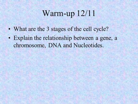 Warm-up 12/11 What are the 3 stages of the cell cycle? Explain the relationship between a gene, a chromosome, DNA and Nucleotides.