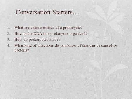 Conversation Starters… 1.What are characteristics of a prokaryote? 2.How is the DNA in a prokaryote organized? 3.How do prokaryotes move? 4.What kind.