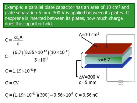 Example: a parallel plate capacitor has an area of 10 cm 2 and plate separation 5 mm. 300 V is applied between its plates. If neoprene is inserted between.