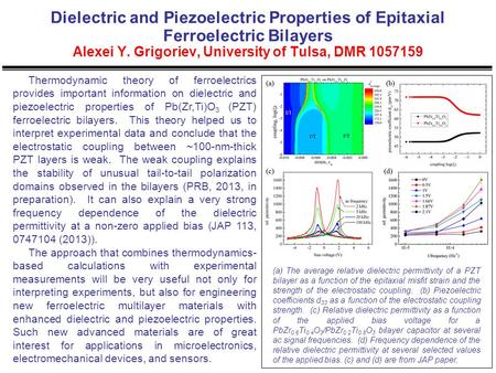 Dielectric and Piezoelectric Properties of Epitaxial Ferroelectric Bilayers Alexei Y. Grigoriev, University of Tulsa, DMR 1057159 Thermodynamic theory.