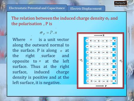 The relation between the induced charge density σ p and the polarisation, P is Where is a unit vector along the outward normal to the surface. P is along.