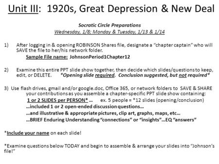 Unit III: 1920s, Great Depression & New Deal