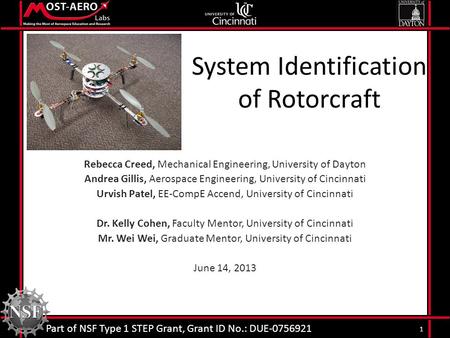 System Identification of Rotorcraft Rebecca Creed, Mechanical Engineering, University of Dayton Andrea Gillis, Aerospace Engineering, University of Cincinnati.
