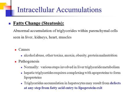 Intracellular Accumulations Fatty Change (Steatosis): Fatty Change (Steatosis): Abnormal accumulation of triglycerides within parenchymal cells seen in.