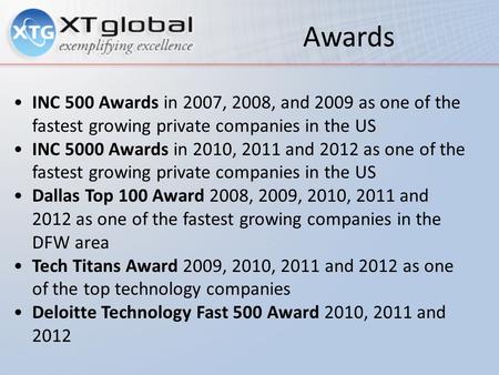 INC 500 Awards in 2007, 2008, and 2009 as one of the fastest growing private companies in the US INC 5000 Awards in 2010, 2011 and 2012 as one of the fastest.