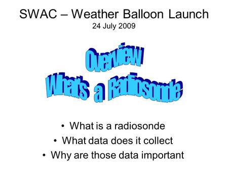 SWAC – Weather Balloon Launch 24 July 2009 What is a radiosonde What data does it collect Why are those data important.