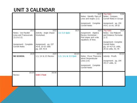Unit 3 Calendar 9/27 Notes: Identify Pairs of Lines and Angles (3.1)