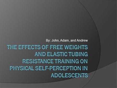 By: John, Adam, and Andrew. Purpose  To explore the effect of free weights and elastic tubing resistance training on physical self-perception in adolescents.