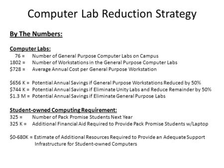 Computer Lab Reduction Strategy By The Numbers: Computer Labs: 76 =Number of General Purpose Computer Labs on Campus 1802 =Number of Workstations in the.