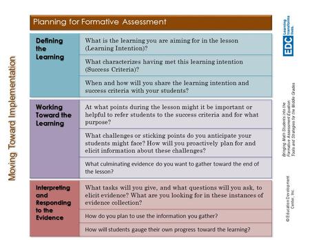 Bringing Math Students into the Formative Assessment Equation: Tools and Strategies for the Middle Grades © Education Development Center, Inc. Moving Toward.