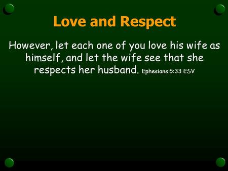 Love and Respect However, let each one of you love his wife as himself, and let the wife see that she respects her husband. Ephesians 5:33 ESV.