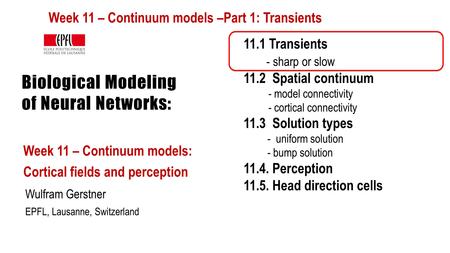 Biological Modeling of Neural Networks: Week 11 – Continuum models: Cortical fields and perception Wulfram Gerstner EPFL, Lausanne, Switzerland 11.1 Transients.