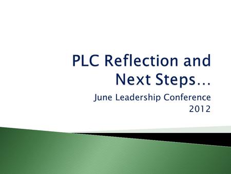 June Leadership Conference 2012. ReflectionNext Steps…  Building PLC Knowledge Base 3 Big Ideas & 4 Questions  Creating School Vision, Mission  Developing.