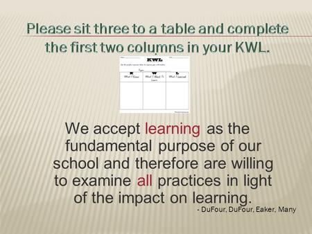 We accept learning as the fundamental purpose of our school and therefore are willing to examine all practices in light of the impact on learning.. - DuFour,