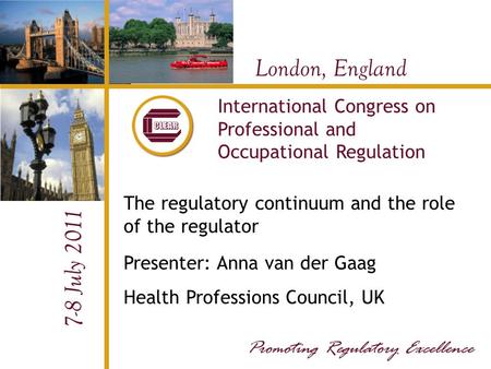 London, England 7-8 July 2011 International Congress on Professional and Occupational Regulation The regulatory continuum and the role of the regulator.