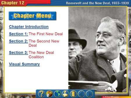 Chapter Menu Chapter Introduction Section 1:Section 1:The First New Deal Section 2:Section 2:The Second New Deal Section 3:Section 3:The New Deal Coalition.