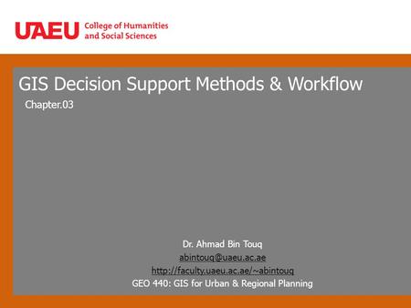 GIS Decision Support Methods & Workflow Chapter.03 Dr. Ahmad Bin Touq  GEO 440: GIS for Urban &