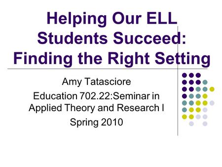 Helping Our ELL Students Succeed: Finding the Right Setting Amy Tatasciore Education 702.22:Seminar in Applied Theory and Research I Spring 2010.