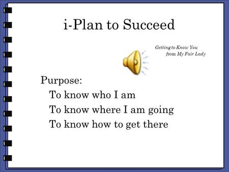 I-Plan to Succeed Getting to Know You f rom My Fair Lady Purpose: To know who I am To know where I am going To know how to get there.